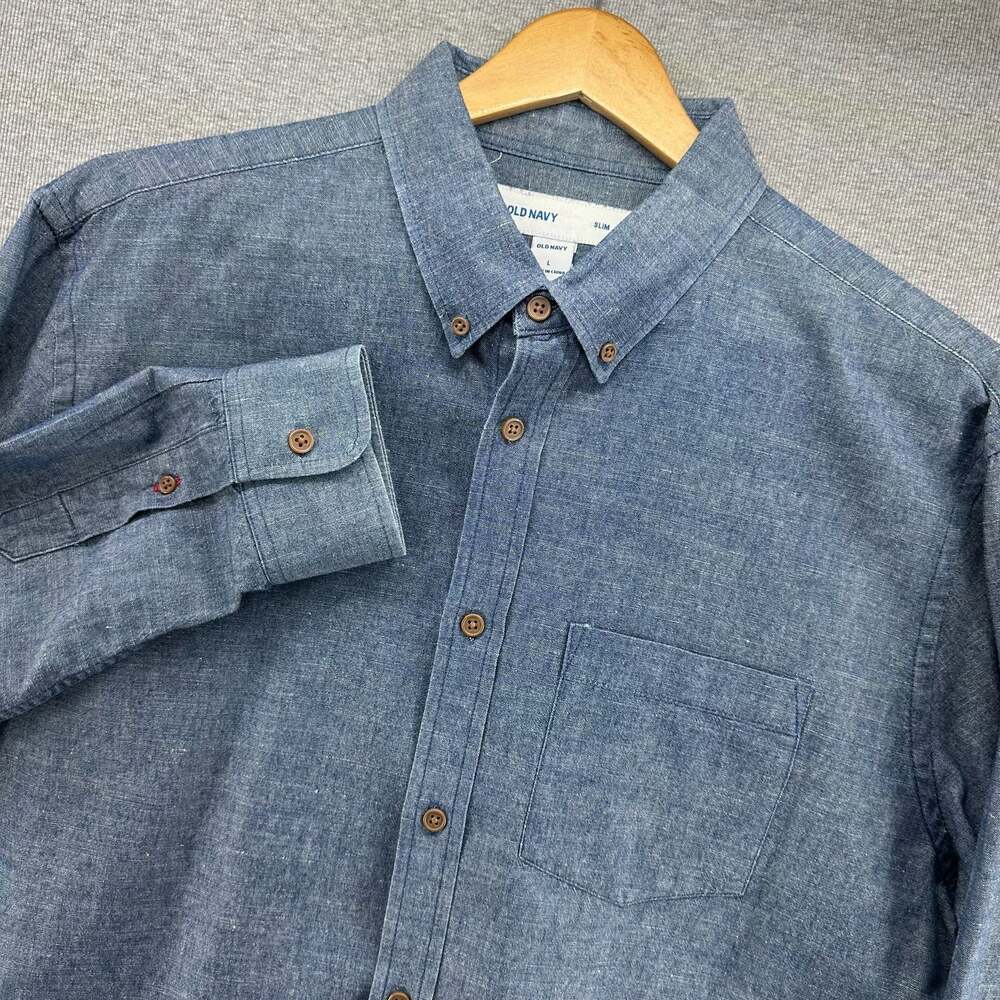 Old Navy Slim Fit Long Sleeve Cotton Linen Blend Chambray Shirt Mens Size L